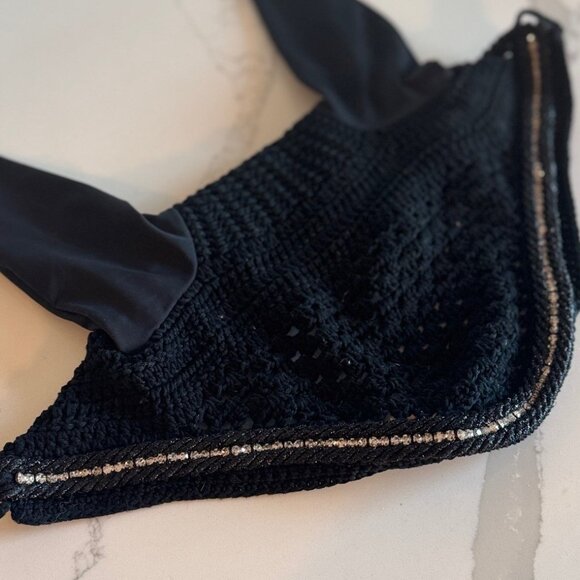 Cristina Sport Crotchet Competition Horse Bonnet Black Rhinestone Trim - Large - Picture 1 of 7